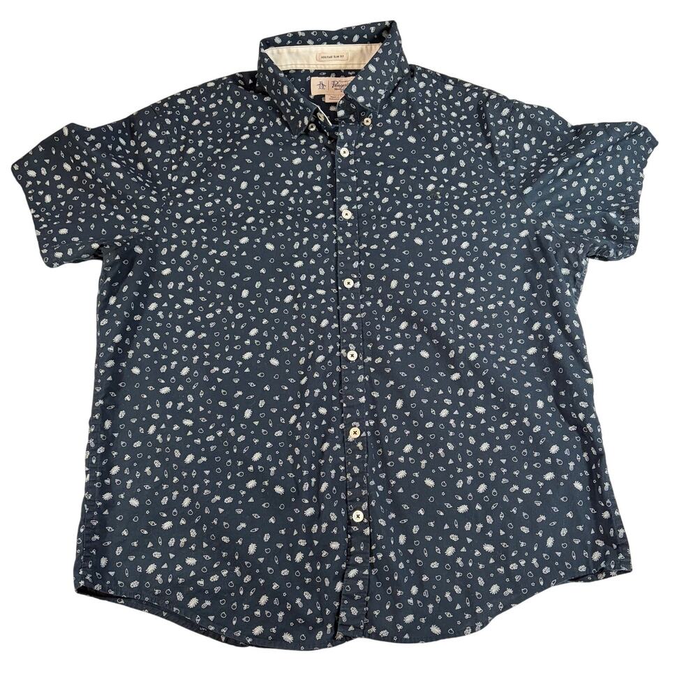 Original Penguin Mens heritage slim fit navy print button up. Size XL. preppy